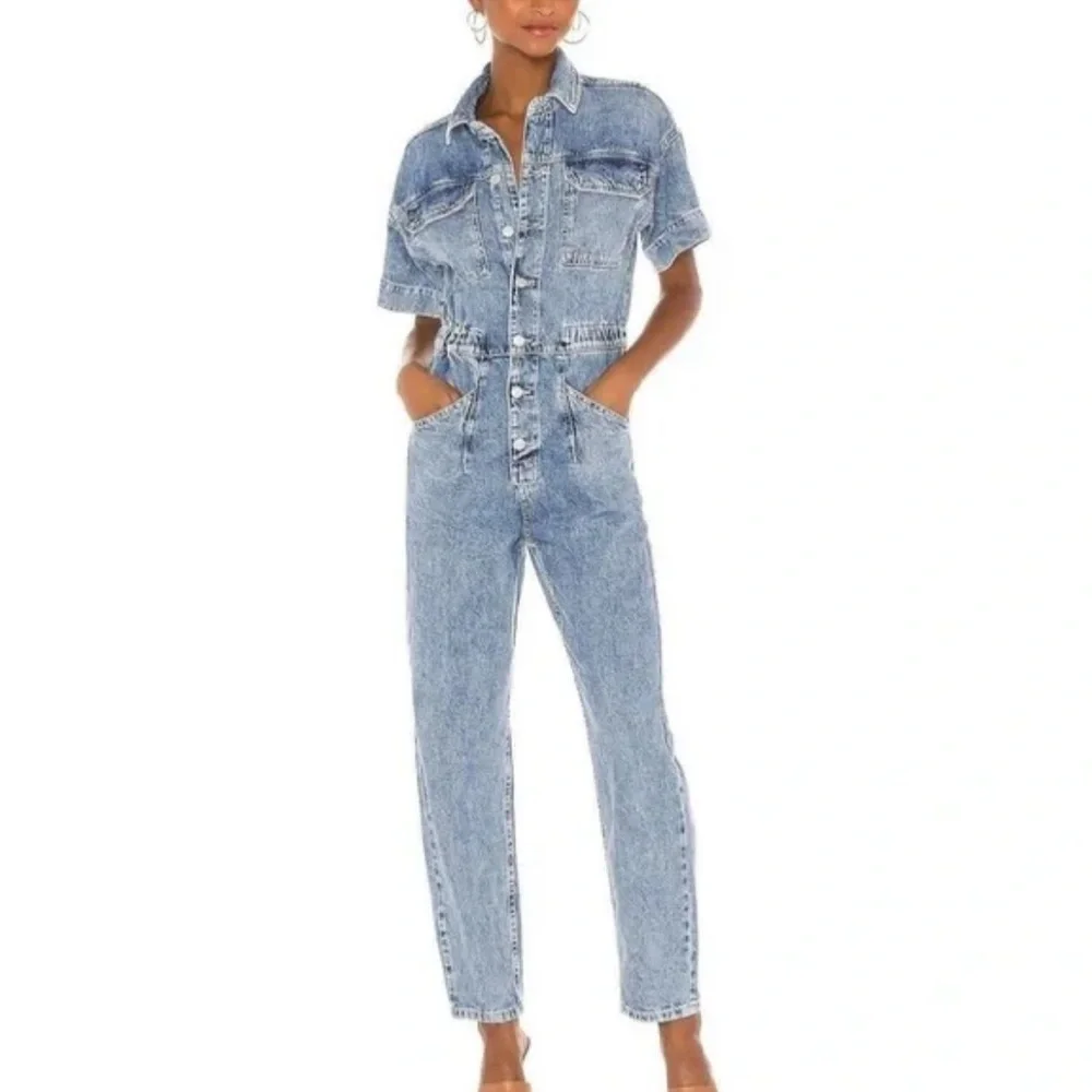 FREE PEOPLE Marci Denim Coverall in Wash Clear Skies - Picture 1 of 8